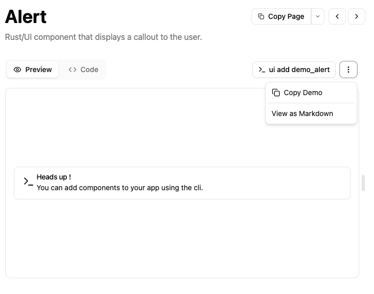 Copy Page and Copy CLI buttons.